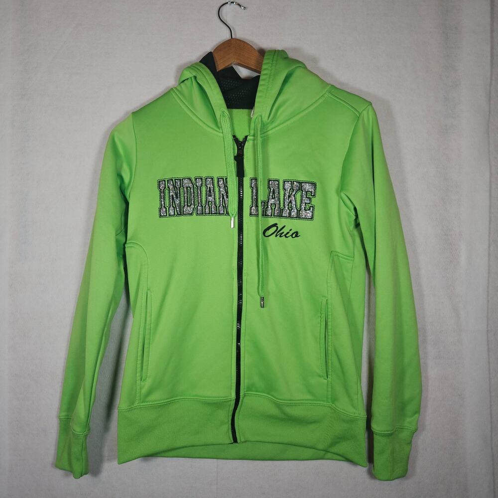 Indian Lake, Ohio Lime Green Full Zip Hoodie with Sparkles